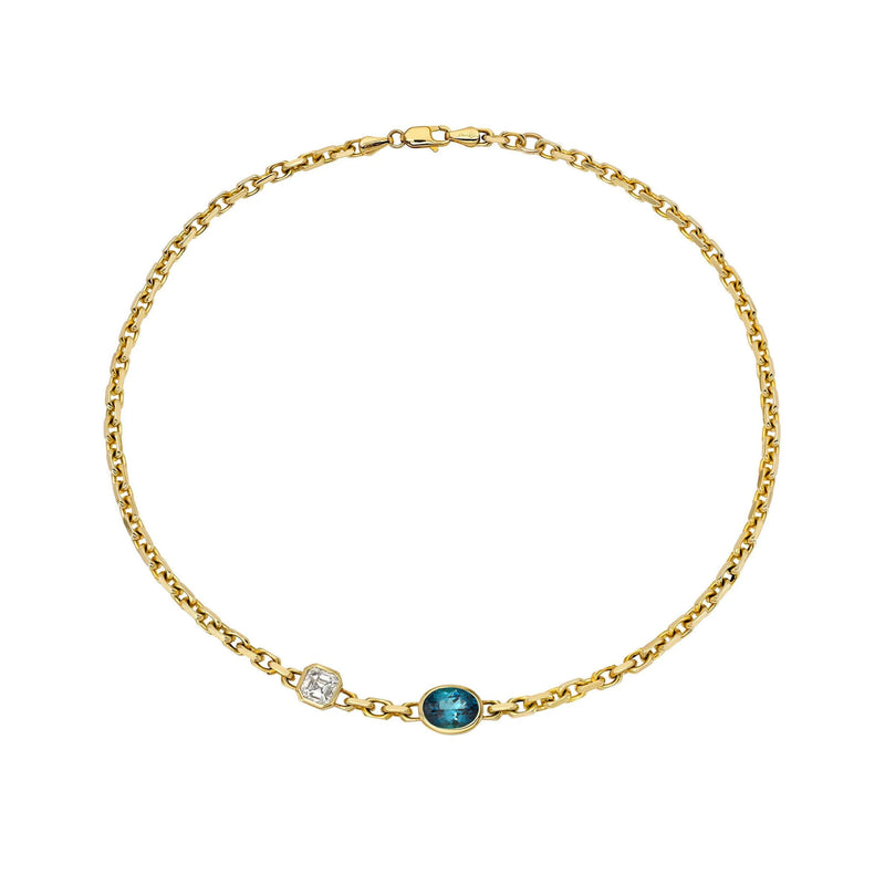 Lovers Duet Diamond and Lagoon Tourmaline Chain Necklace by Logan Hollowell Jewelry