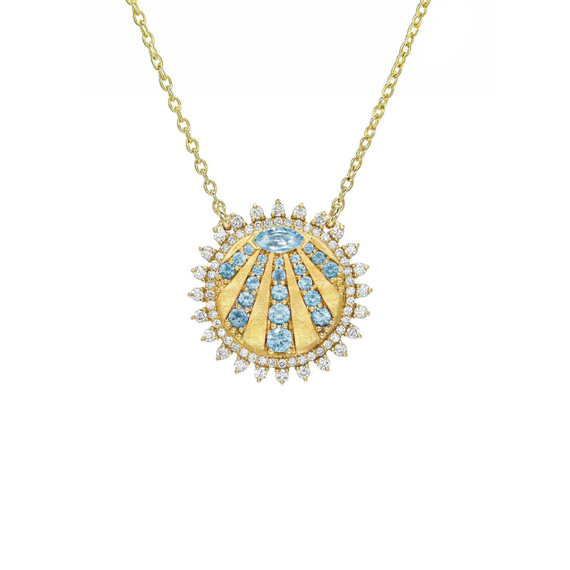 Petite "You Are My Sunshine" Diamond and Aquamarine Necklace Yellow Gold by Logan Hollowell Jewelry