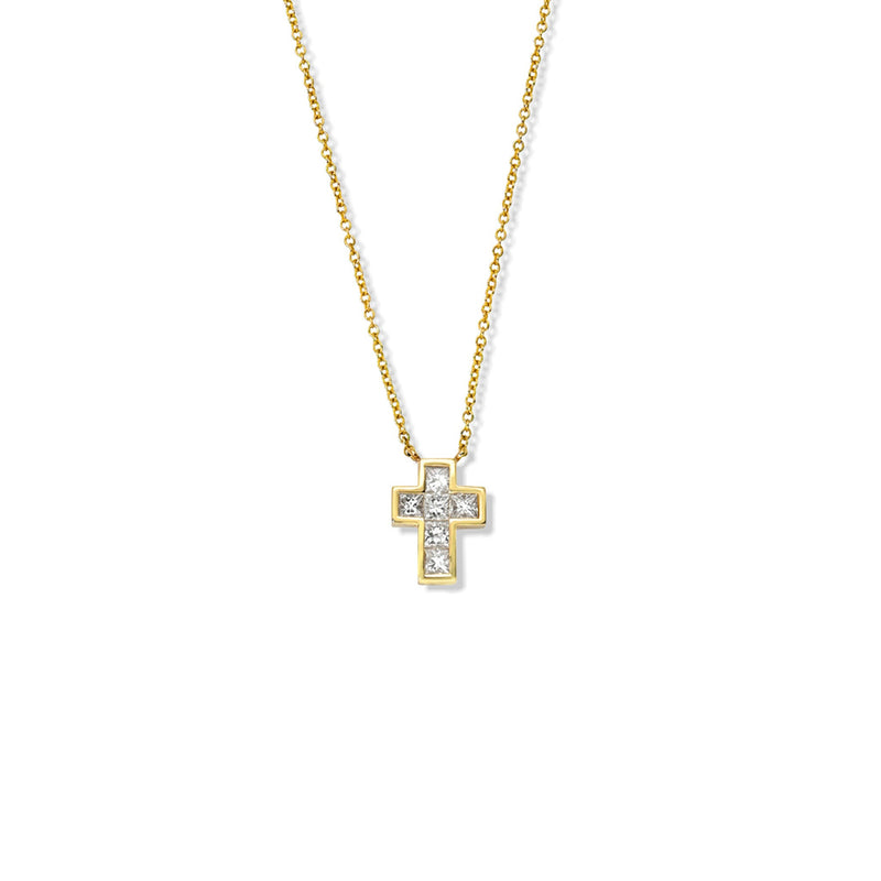 Princess Cut Diamond Cross Necklace Yellow Gold 14-16" by Logan Hollowell Jewelry