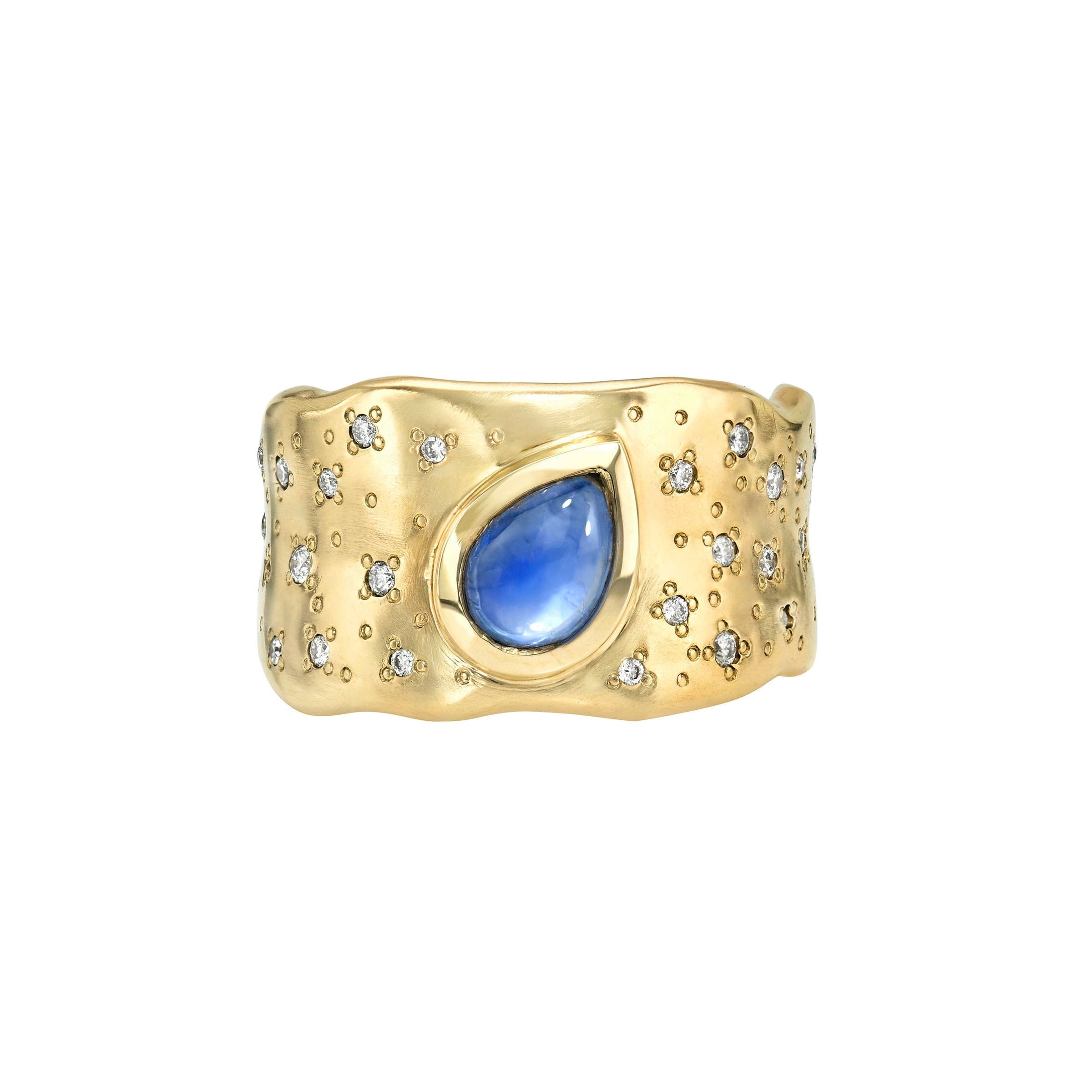 Water Drop Moonstone Cigar Band with Oracle Set Diamonds Yellow Gold 3 by Logan Hollowell Jewelry