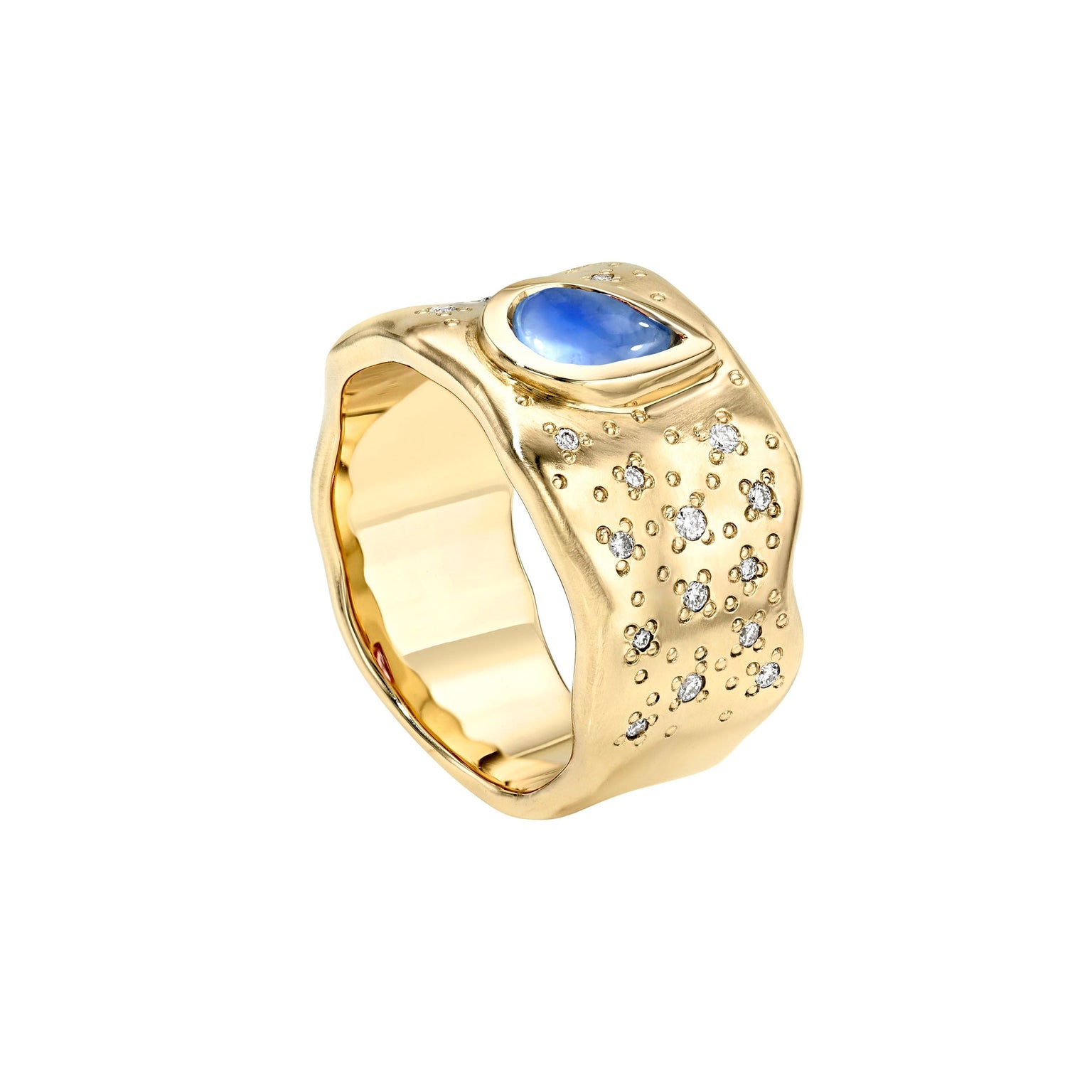 Water Drop Moonstone Cigar Band with Oracle Set Diamonds by Logan Hollowell Jewelry