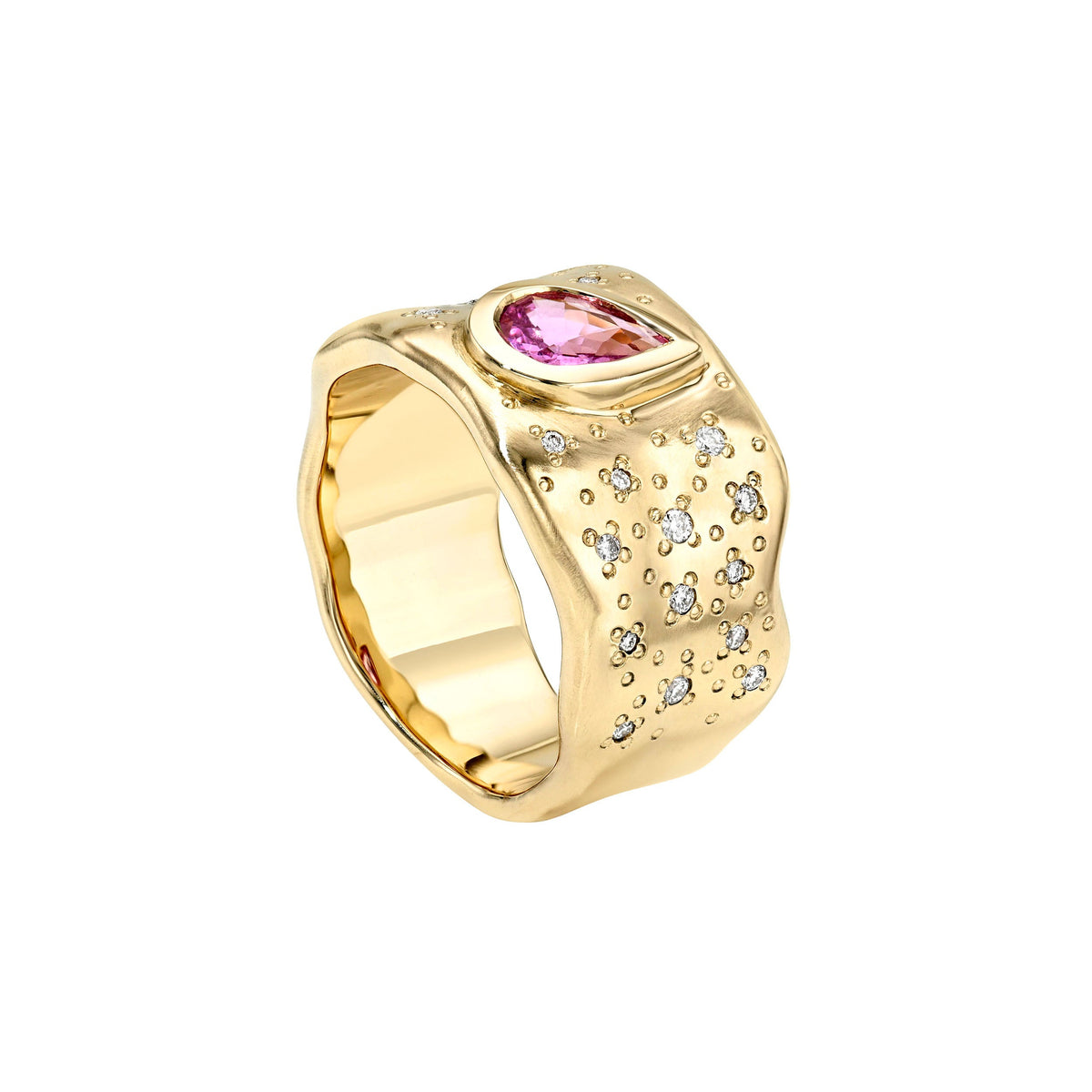 Water Drop Pink Sapphire Cigar Band with Oracle Set Diamonds by Logan Hollowell Jewelry