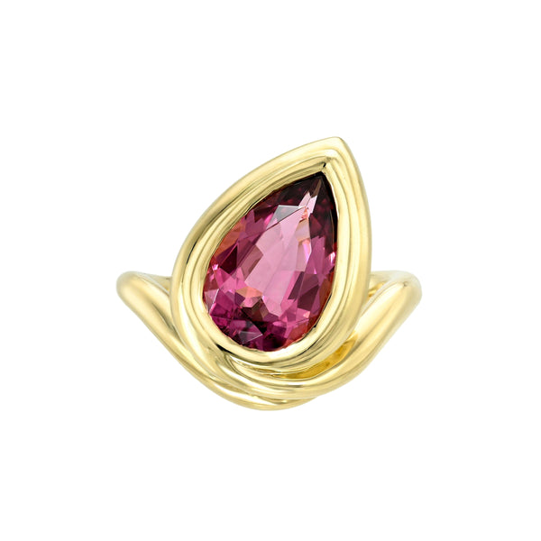 Enigma Water Drop Rubellite Ring Yellow Gold 7.5 by Logan Hollowell Jewelry