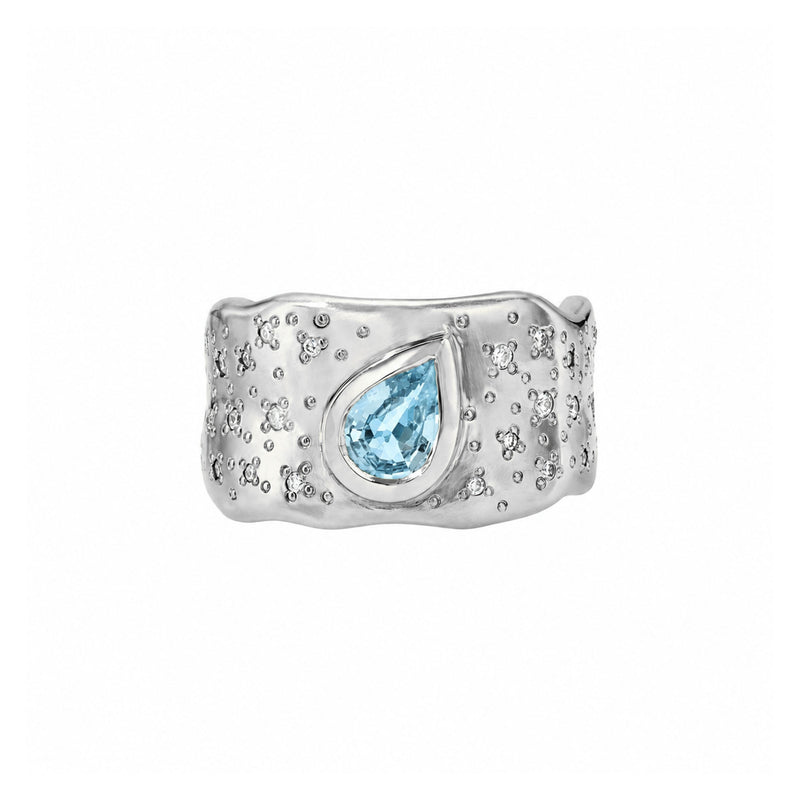 Water Drop Aquamarine Cigar Band with Oracle Set Diamonds White Gold 3 by Logan Hollowell Jewelry