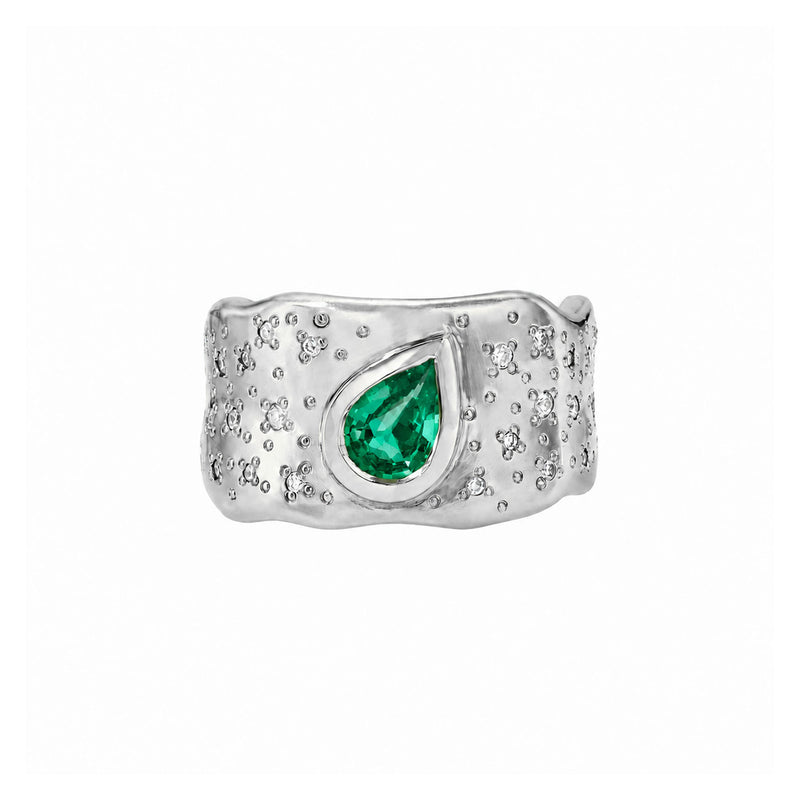 Water Drop Colombian Emerald Cigar Band with Oracle Set Diamonds White Gold 3 by Logan Hollowell Jewelry