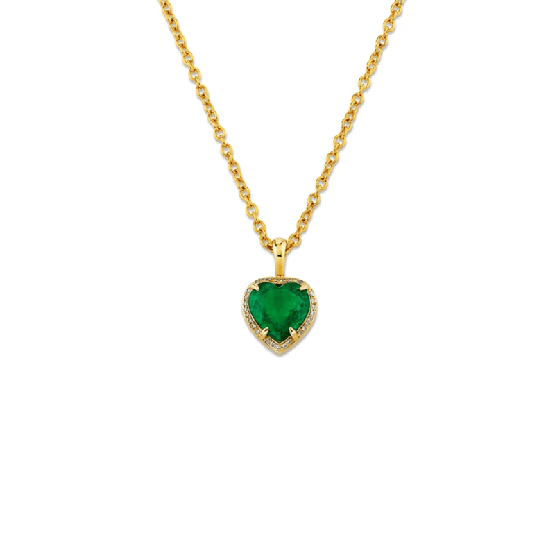 Heart Emerald Pendant with Full Pave Halo Yellow Gold by Logan Hollowell Jewelry