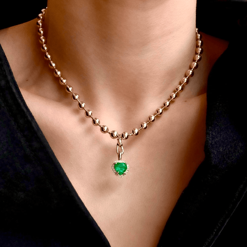 Heart Emerald Pendant with Full Pave Halo by Logan Hollowell Jewelry