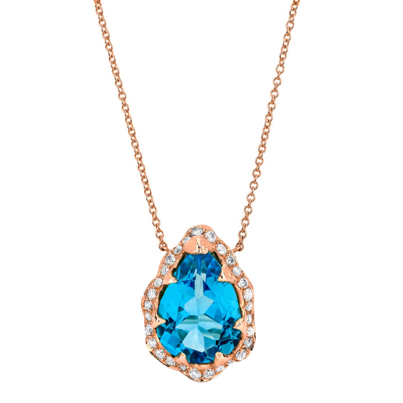 Queen Water Drop Blue Topaz Necklace with Full Pavé Diamond Halo Rose Gold by Logan Hollowell Jewelry
