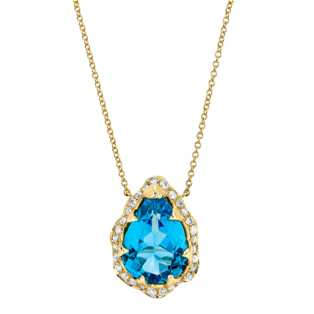 Queen Water Drop Blue Topaz Necklace With Full Pavé Diamond Halo 