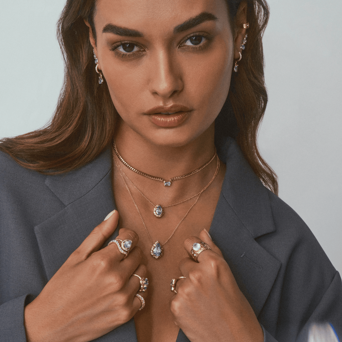 Queen Water Drop Aquamarine Necklace with Sprinkled Diamonds by Logan Hollowell Jewelry
