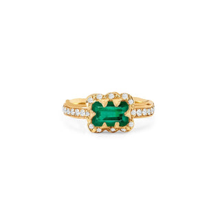 Micro Queen Emerald Cut Emerald Ring with Sprinkled Diamonds | Ready to Ship 3.5 Yellow Gold  by Logan Hollowell Jewelry