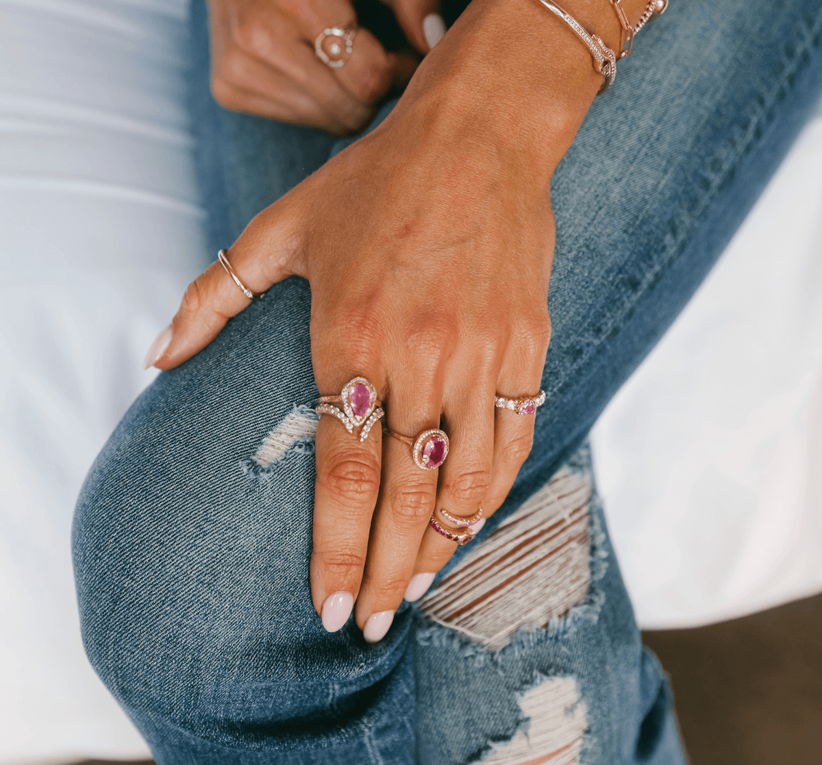 Baby Queen Water Drop Pink Sapphire Ring with Full Pavé Halo by Logan Hollowell Jewelry