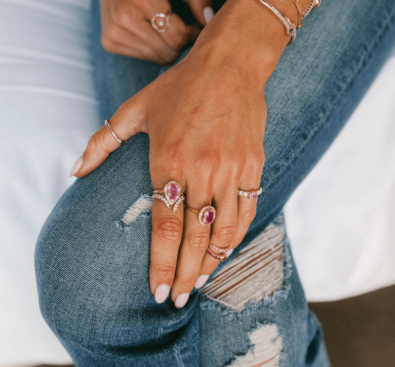 Baby Queen Water Drop Pink Sapphire Ring with Full Pavé Halo by Logan Hollowell Jewelry