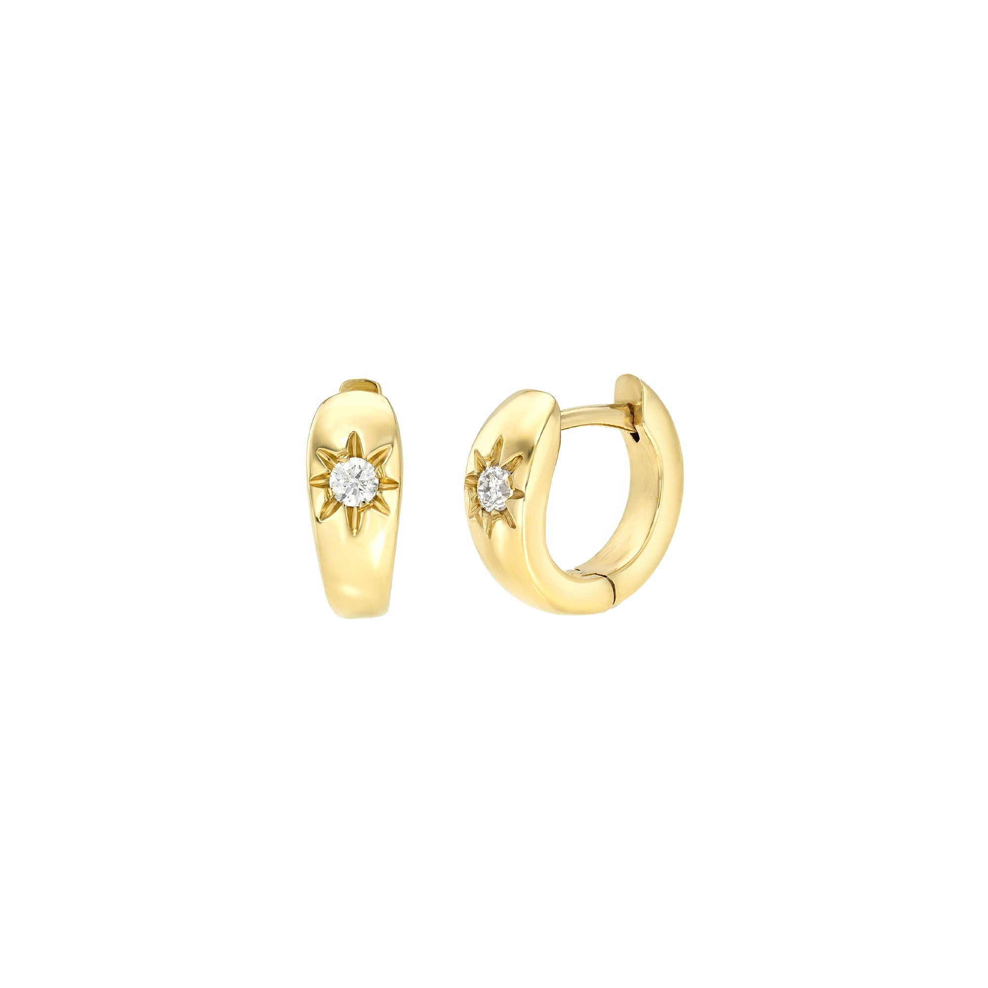 Single Star Set Rounded Diamond Huggies Yellow Gold Pair by Logan Hollowell Jewelry
