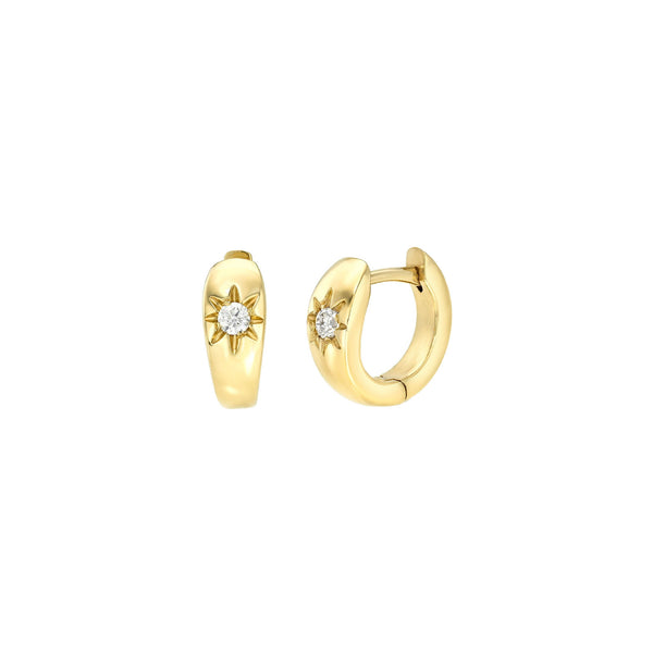 Single Star Set Rounded Diamond Huggies Yellow Gold Pair by Logan Hollowell Jewelry