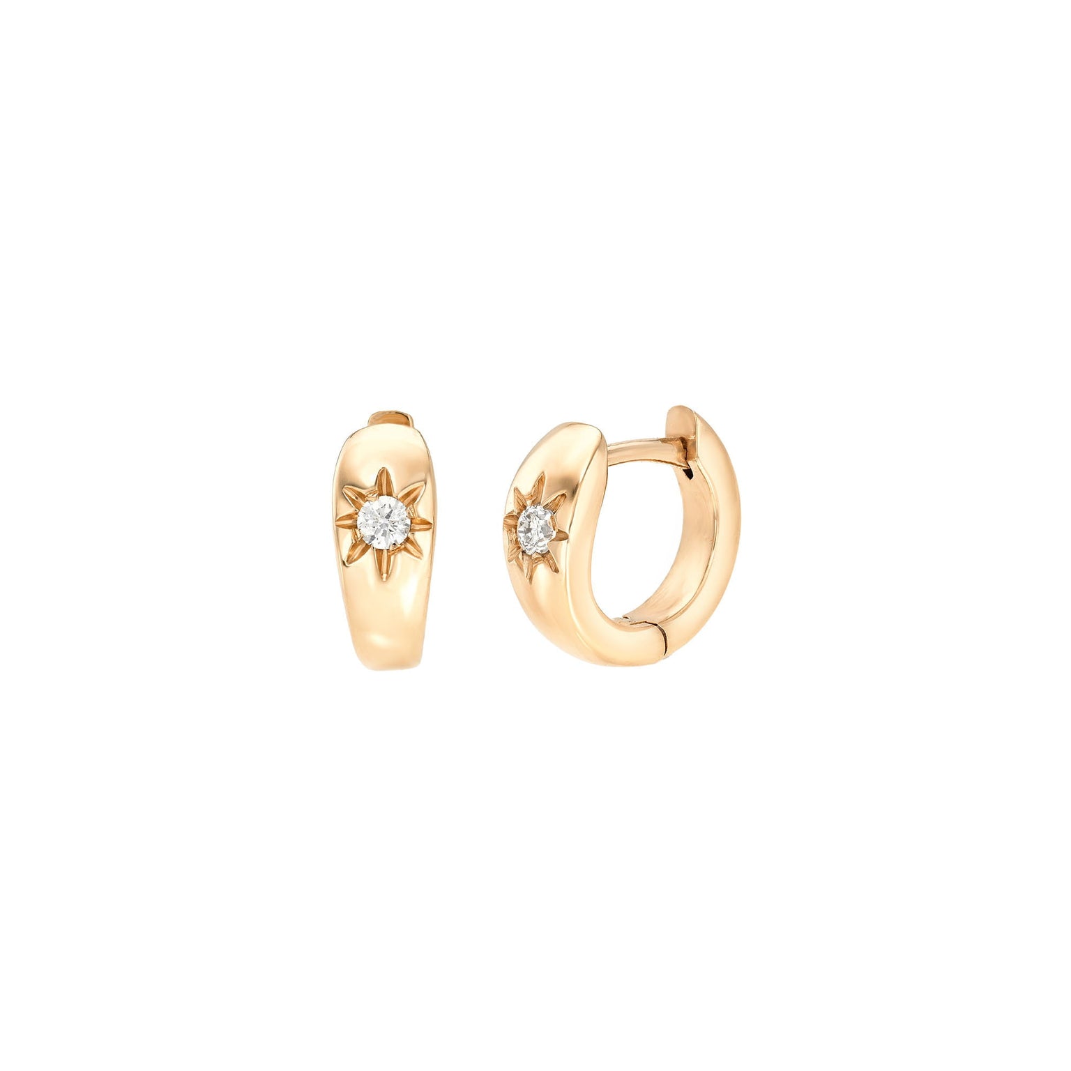 Single Star Set Rounded Diamond Huggies Rose Gold Pair by Logan Hollowell Jewelry