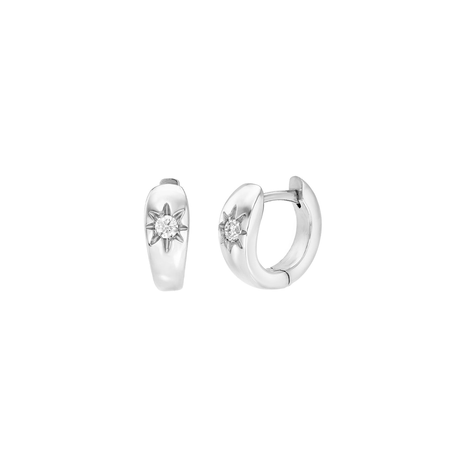 Single Star Set Rounded Diamond Huggies White Gold Pair by Logan Hollowell Jewelry