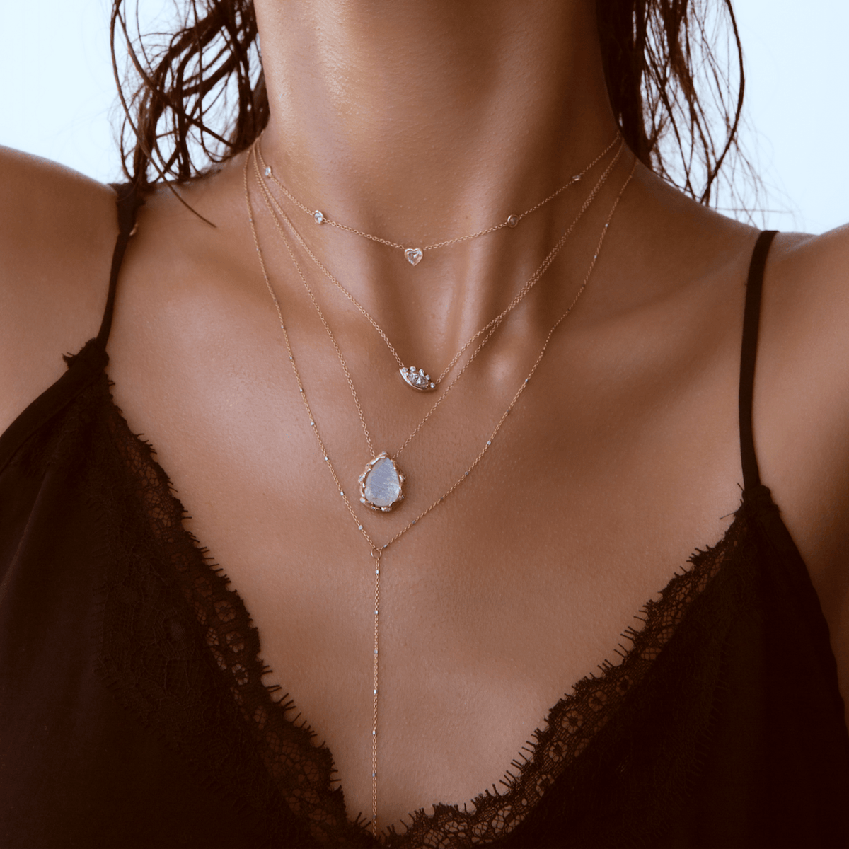 Queen Water Drop Moonstone Necklace with Sprinkled Diamonds by Logan Hollowell Jewelry
