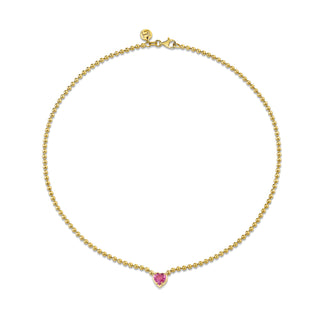 Pink Sapphire Heart on Orb Chain Necklace Yellow Gold 14"  by Logan Hollowell Jewelry