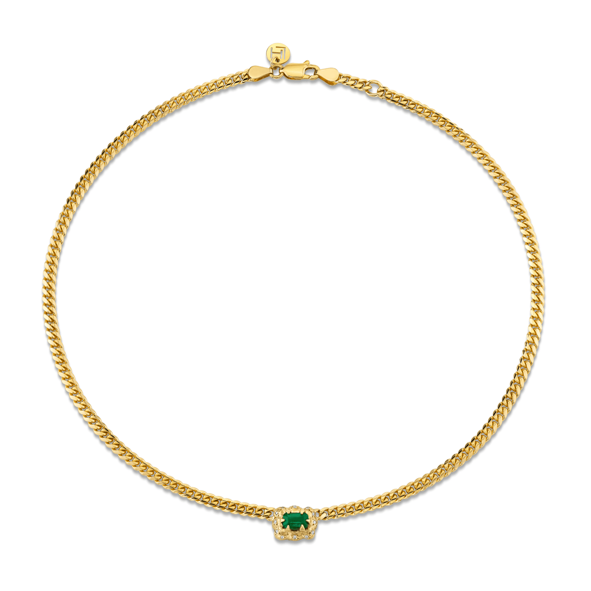Micro Queen Emerald Cuban Choker Sprinkled Pave Halo Yellow Gold 13.5"-14" by Logan Hollowell Jewelry
