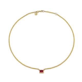 Emerald Cut Ruby on Orb Chain Necklace Yellow Gold 14"  by Logan Hollowell Jewelry