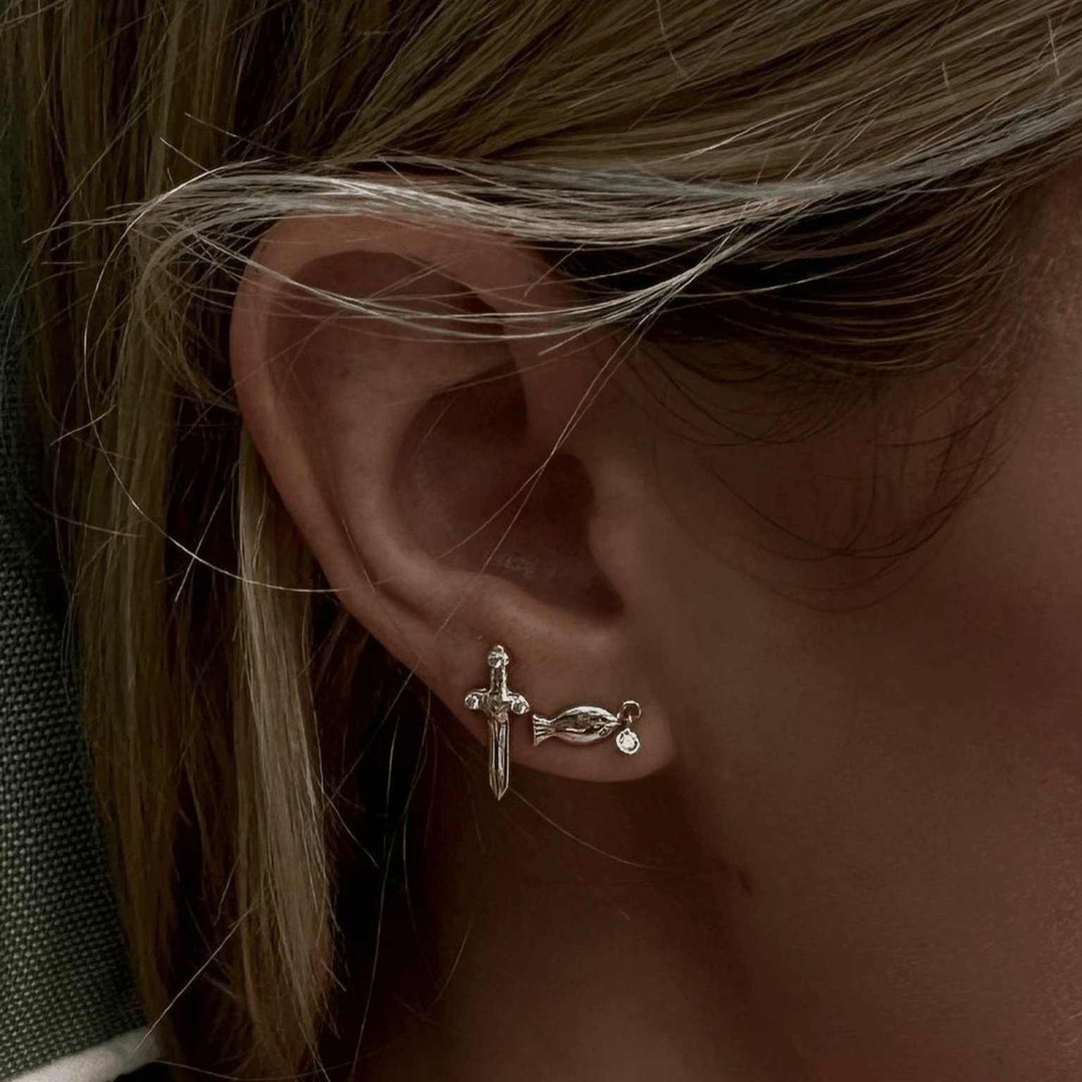 Tenfold Fish Stud with Diamond by Logan Hollowell Jewelry