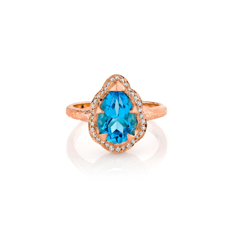 Baby Queen Water Drop Blue Topaz Ring with Full Pavé Halo Rose Gold 3 by Logan Hollowell Jewelry