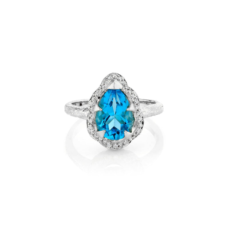 Baby Queen Water Drop Blue Topaz Ring with Full Pavé Halo White Gold 3 by Logan Hollowell Jewelry