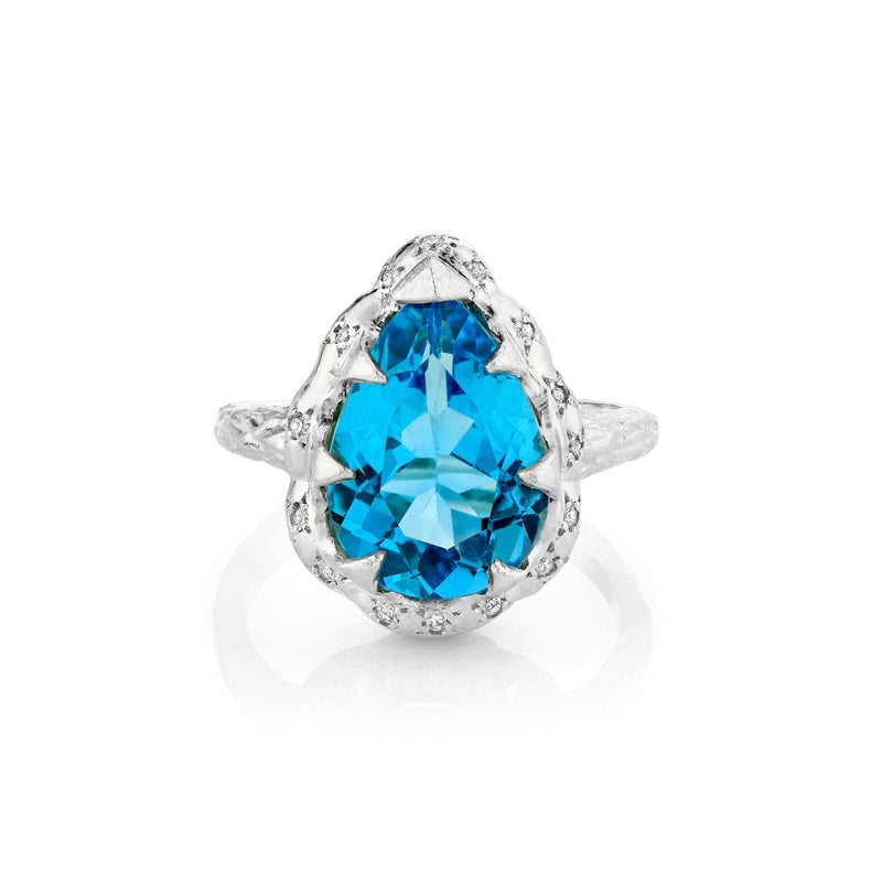 Queen Water Drop Blue Topaz Ring with Sprinkled Diamonds White Gold 3 by Logan Hollowell Jewelry