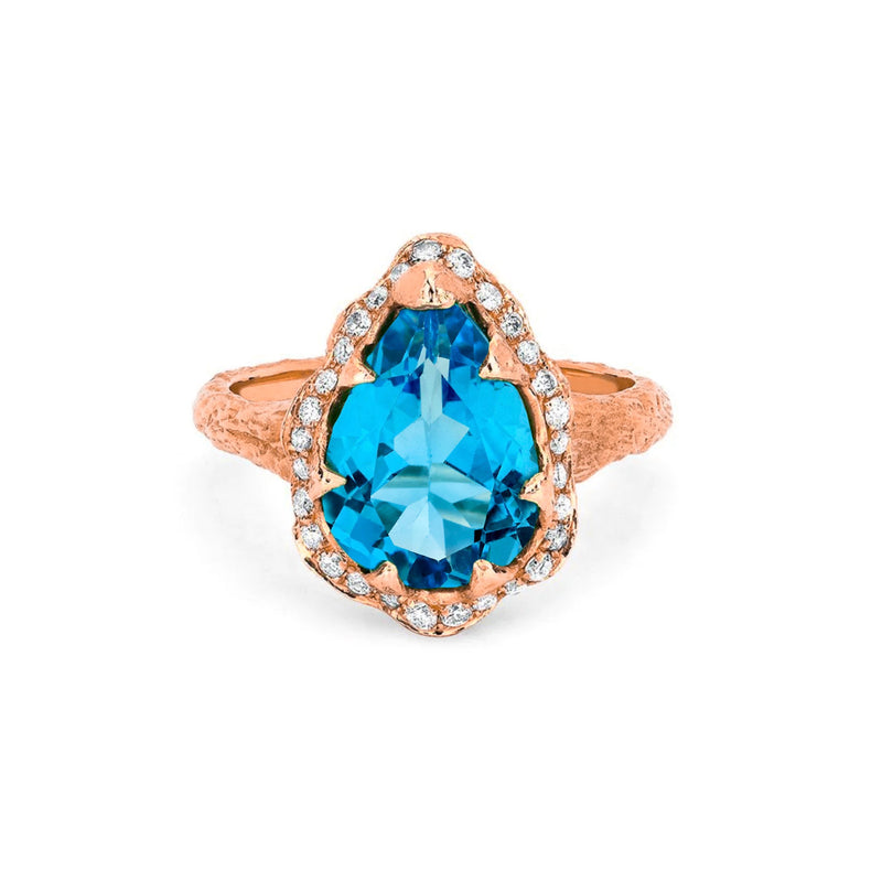 Queen Water Drop Blue Topaz Ring with Full Pavé Halo Rose Gold 3 by Logan Hollowell Jewelry