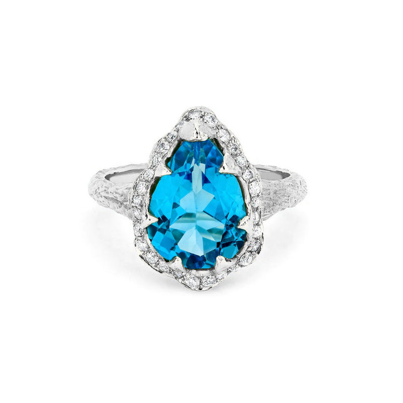 Queen Water Drop Blue Topaz Ring with Full Pavé Halo White Gold 3 by Logan Hollowell Jewelry