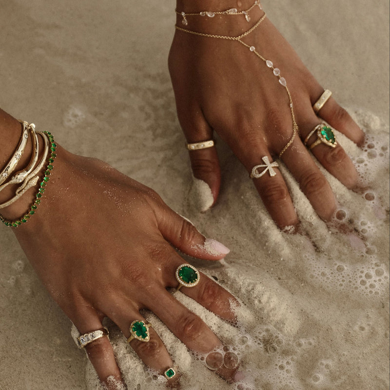 18k Queen Oval Colombian Emerald Ring with Full Pavé Diamond Halo | Ready to Ship by Logan Hollowell Jewelry