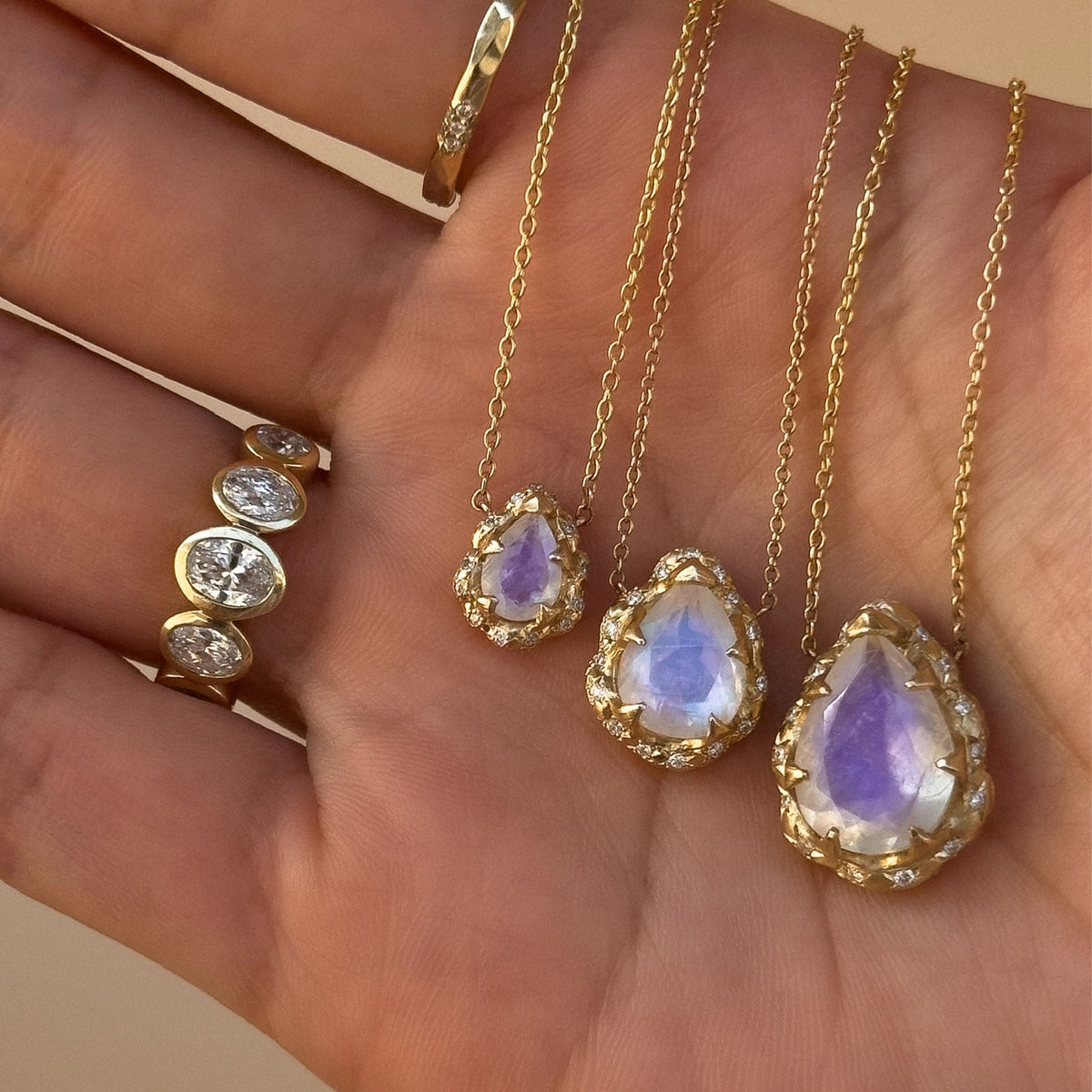 Micro Queen Water Drop Moonstone Necklace with Sprinkled Diamonds by Logan Hollowell Jewelry