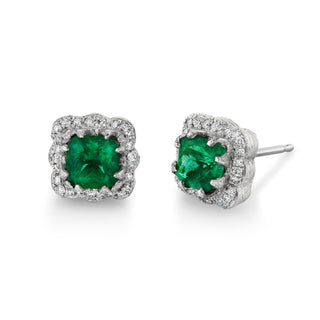 Asscher Emerald Queen Studs with Full Pave Halo White Gold   by Logan Hollowell Jewelry