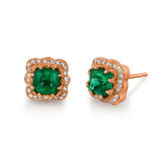 Asscher Emerald Queen Studs with Full Pave Halo Rose Gold   by Logan Hollowell Jewelry