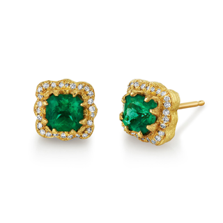 Asscher Emerald Queen Studs with Full Pave Halo Yellow Gold   by Logan Hollowell Jewelry