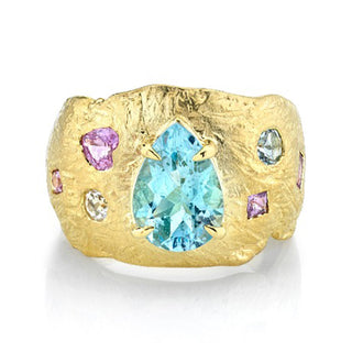 18k Atlantis Water Drop Aquamarine Ring with Pink Sapphire and Moonstone | Ready to Ship Yellow Gold 7  by Logan Hollowell Jewelry
