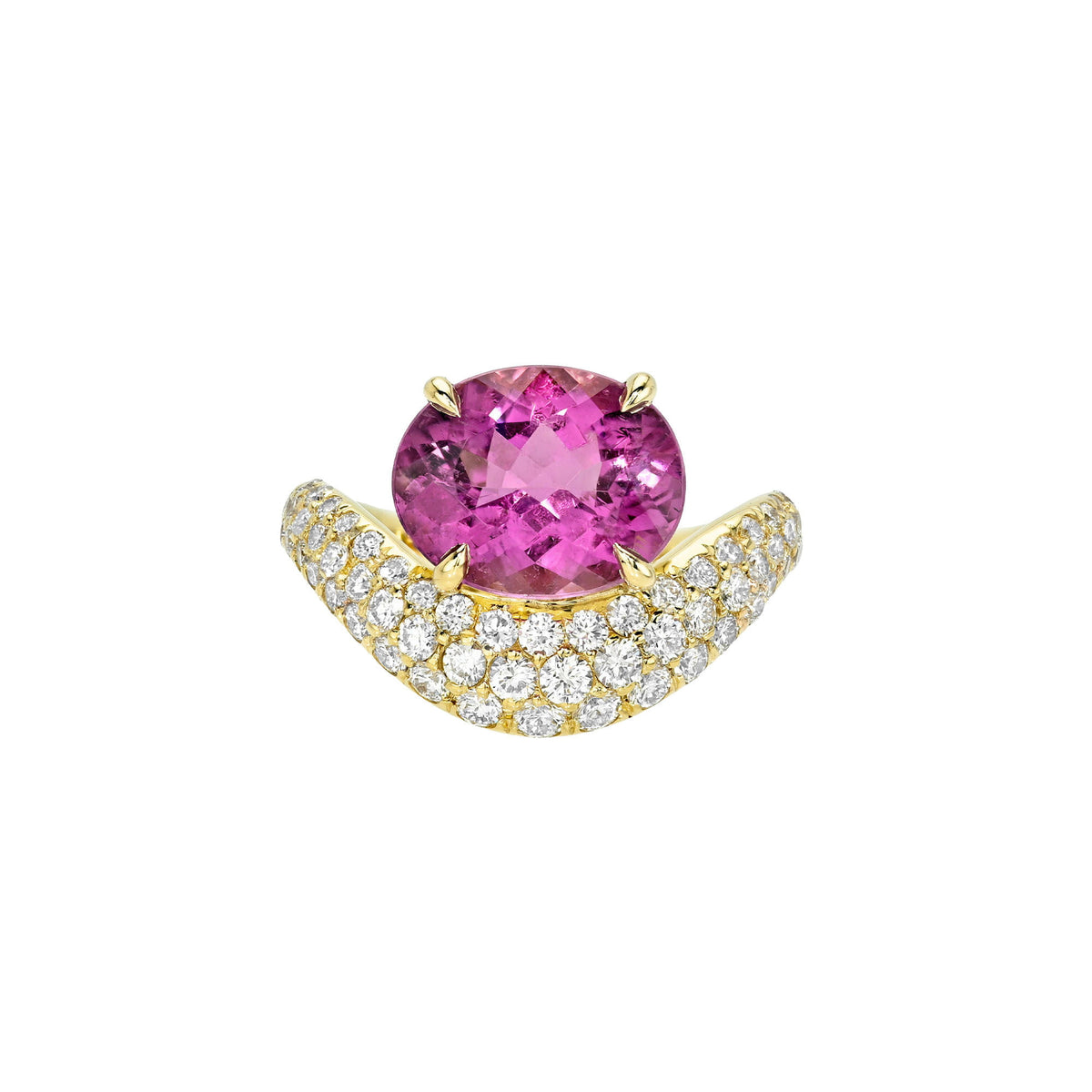 Enigma Rubellite Pavé Diamond Wave Ring Yellow Gold 2.75 by Logan Hollowell Jewelry