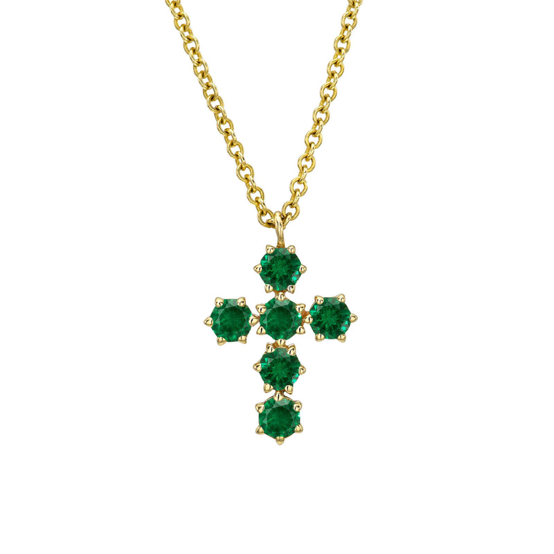 Emerald Solar Flare Cross Necklace (Off Size) Yellow Gold by Logan Hollowell Jewelry
