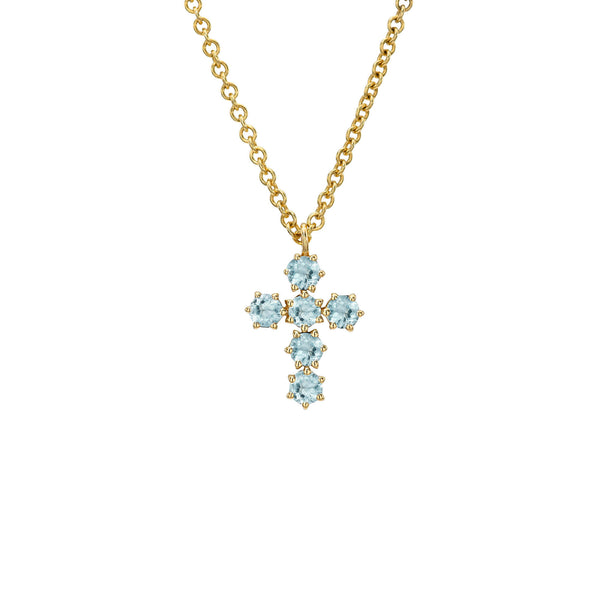 Petite Aquamarine Solar Flare Cross Necklace Yellow Gold by Logan Hollowell Jewelry