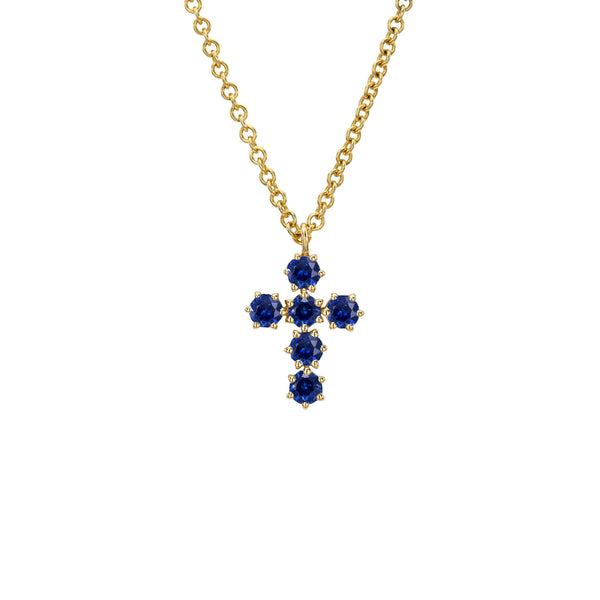 Petite Blue Sapphire Solar Flare Cross Necklace Yellow Gold by Logan Hollowell Jewelry