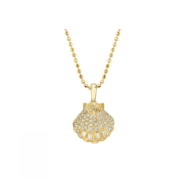 Baby Diamond & Pearl Shell Pendant 16" Chain Yellow Gold by Logan Hollowell Jewelry