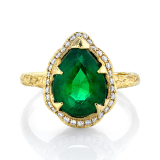 18k Premium Baby Water Drop Zambian Emerald Queen Ring with Full Pavé Diamond Halo Yellow Gold 4  by Logan Hollowell Jewelry