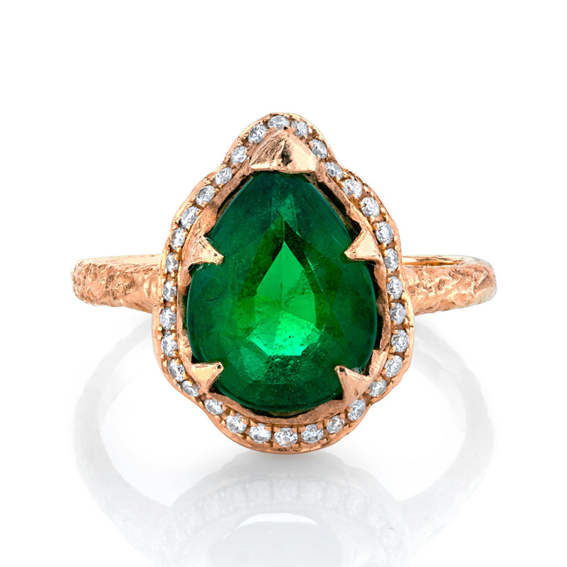 Premium Baby Water Drop Zambian Emerald Queen Ring with Full Pavé Diamond Halo Rose Gold 3 by Logan Hollowell Jewelry