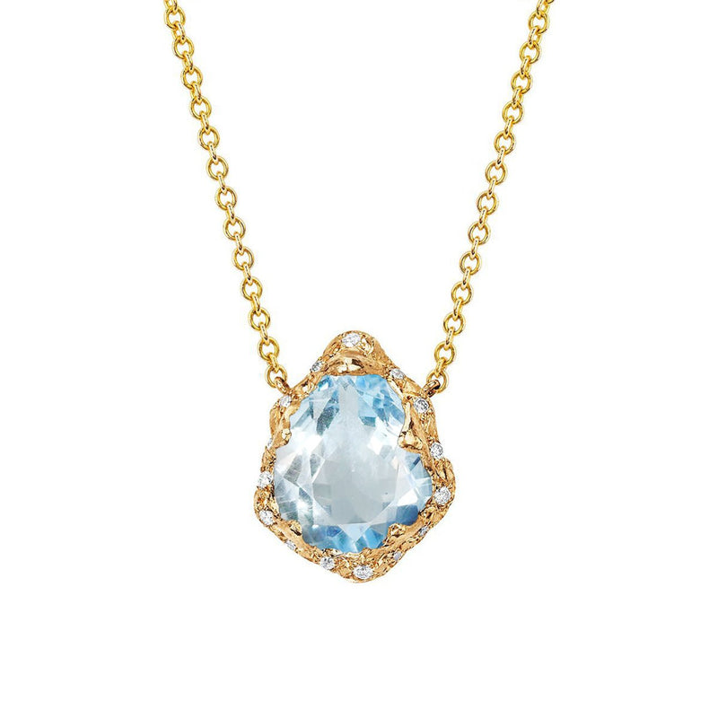 Baby Queen Water Drop Aquamarine Necklace with Sprinkled Diamonds Yellow Gold by Logan Hollowell Jewelry