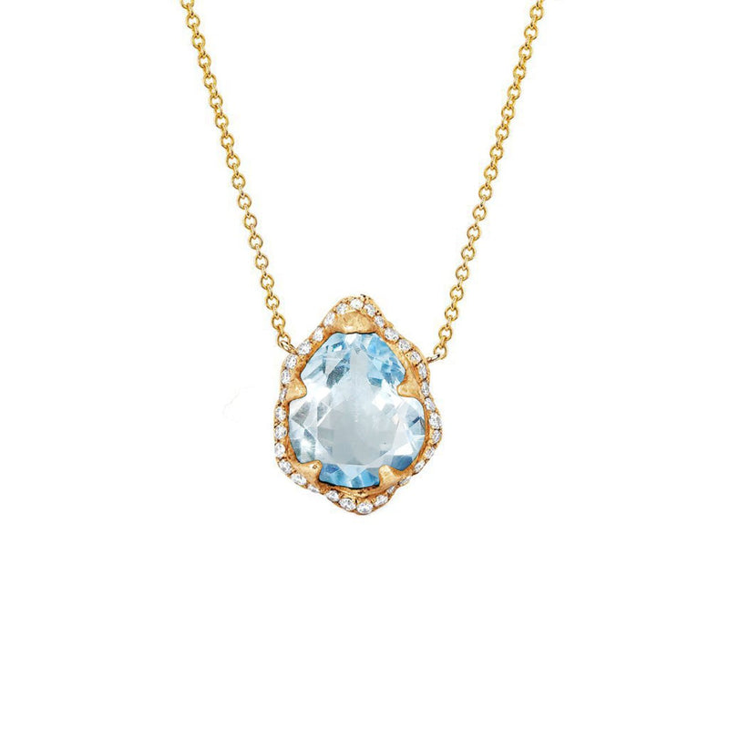 Baby Queen Water Drop Aquamarine Necklace with Full Pavé Diamond Halo Yellow Gold by Logan Hollowell Jewelry