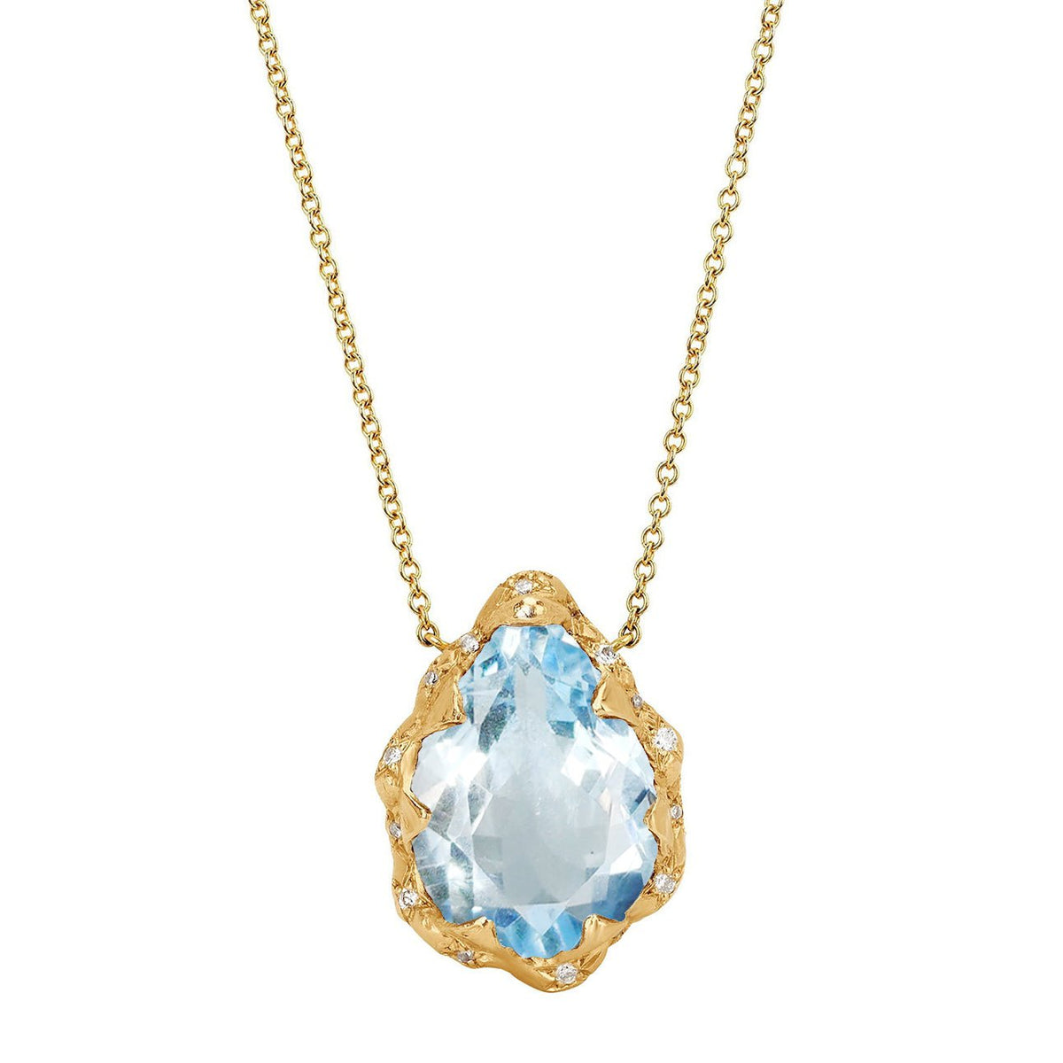 Queen Water Drop Aquamarine Necklace with Sprinkled Diamonds Yellow Gold by Logan Hollowell Jewelry