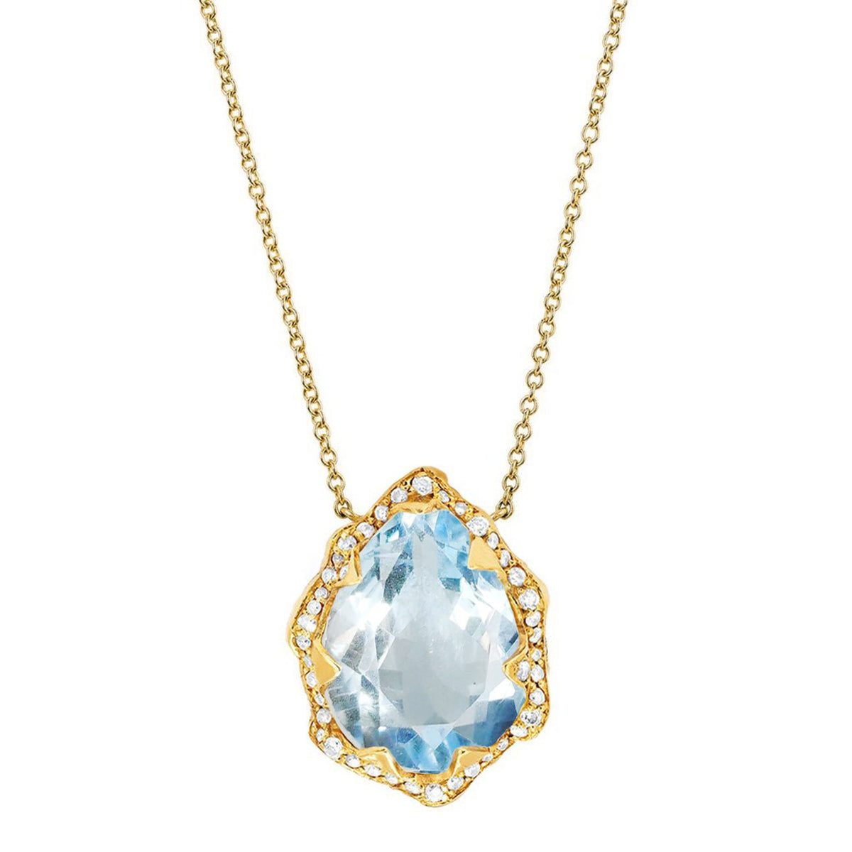 Queen Water Drop Aquamarine Necklace with Full Pavé Diamond Halo Yellow Gold by Logan Hollowell Jewelry