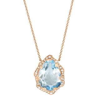 Queen Water Drop Aquamarine Necklace with Full Pavé Diamond Halo Necklace Rose Gold  by Logan Hollowell Jewelry