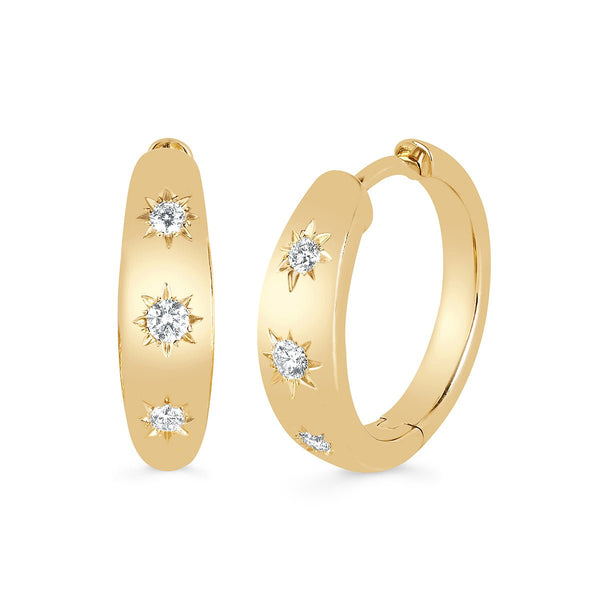 Star Set Rounded Diamond Hoops Yellow Gold by Logan Hollowell Jewelry
